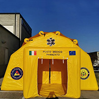 Yellow inflatable medical tent disinfection channel